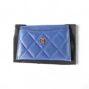 CHANEL Blue Quilted Card Holder with Gold Logo